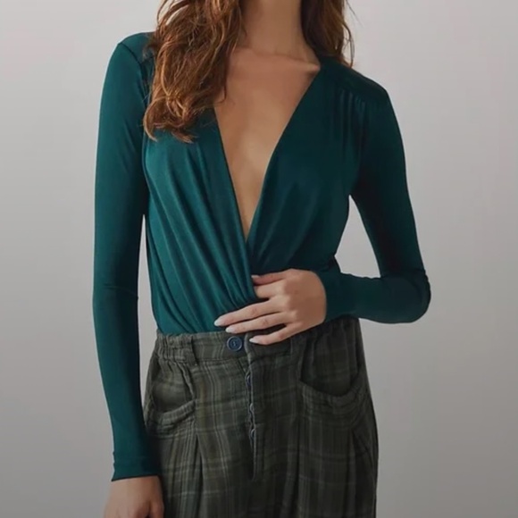 Free People Tops - FREE PEOPLE DEEP V GREEN TURNT BODYSUIT